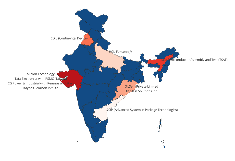 Map Showing Semiconductor investment in Different States of India, Under PLI Scheme.